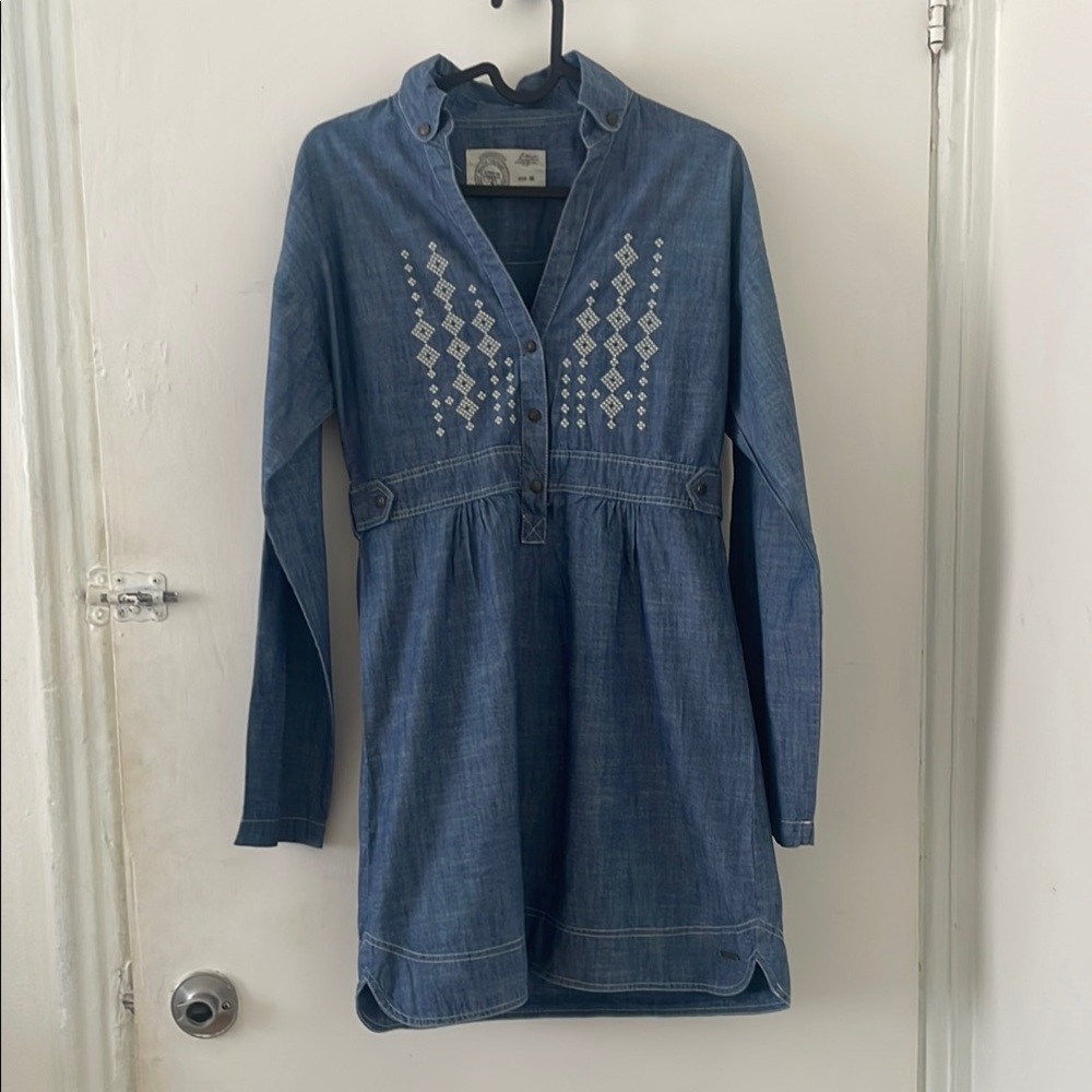 Blue Denim Tunic Dress with Embroidery